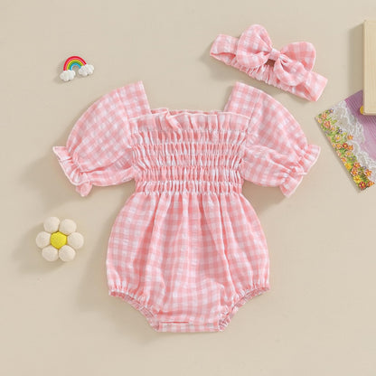 Infant Baby Girls Romper Ruffle Sleeve Pleated Smocked Bubble Plaid One Piece Ruched Jumpsuit Summer Bodysuit