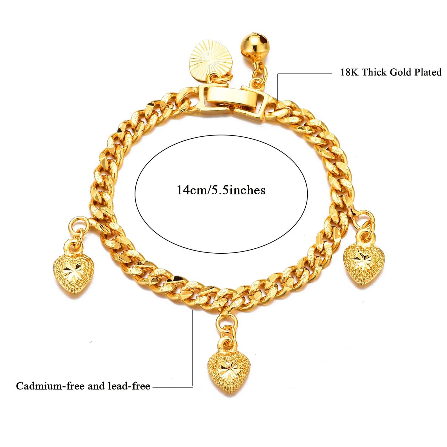 Ethlyn Bracelets for little girls 18K Gold Plated Cuban Link Chain Bracelets Bells Dangle Charms Little Girls Jewelry
