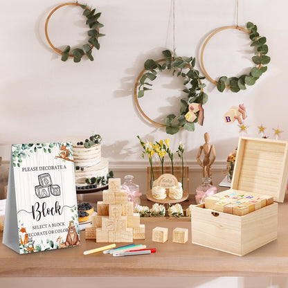 Marsui 136 Pcs Baby Shower Blocks to Decorate Game Kit Includes 98 Wooden Blocks, 36 Markers, 1 Game Sign, 1 Storage Box for Baby Shower Gender Reveal Activity Party Decorations(Pink Elephant)