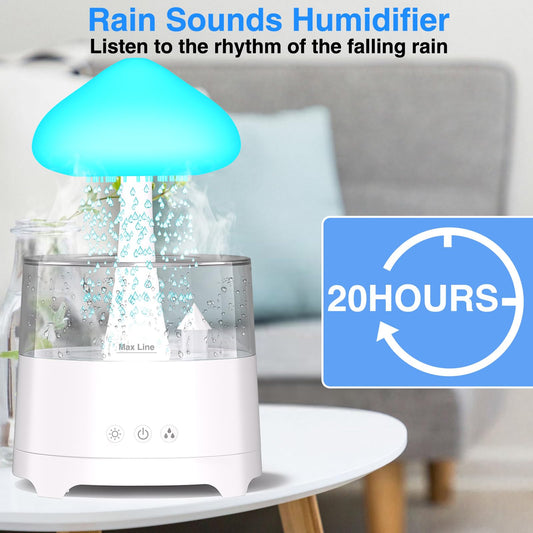 Diffuserlove Rain Diffuser Cloud Humidifier Water Drip Diffuser Humidifier 450ML with Remote Mushroom Lamp Humidifier Rain Sounds Humidifier