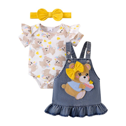 Baby Girl Clothes Suspender Skirt Newborn Ruffle Romper Cute Bear Jeans Dress Bow Headband Summer Outfits 0-18 Months