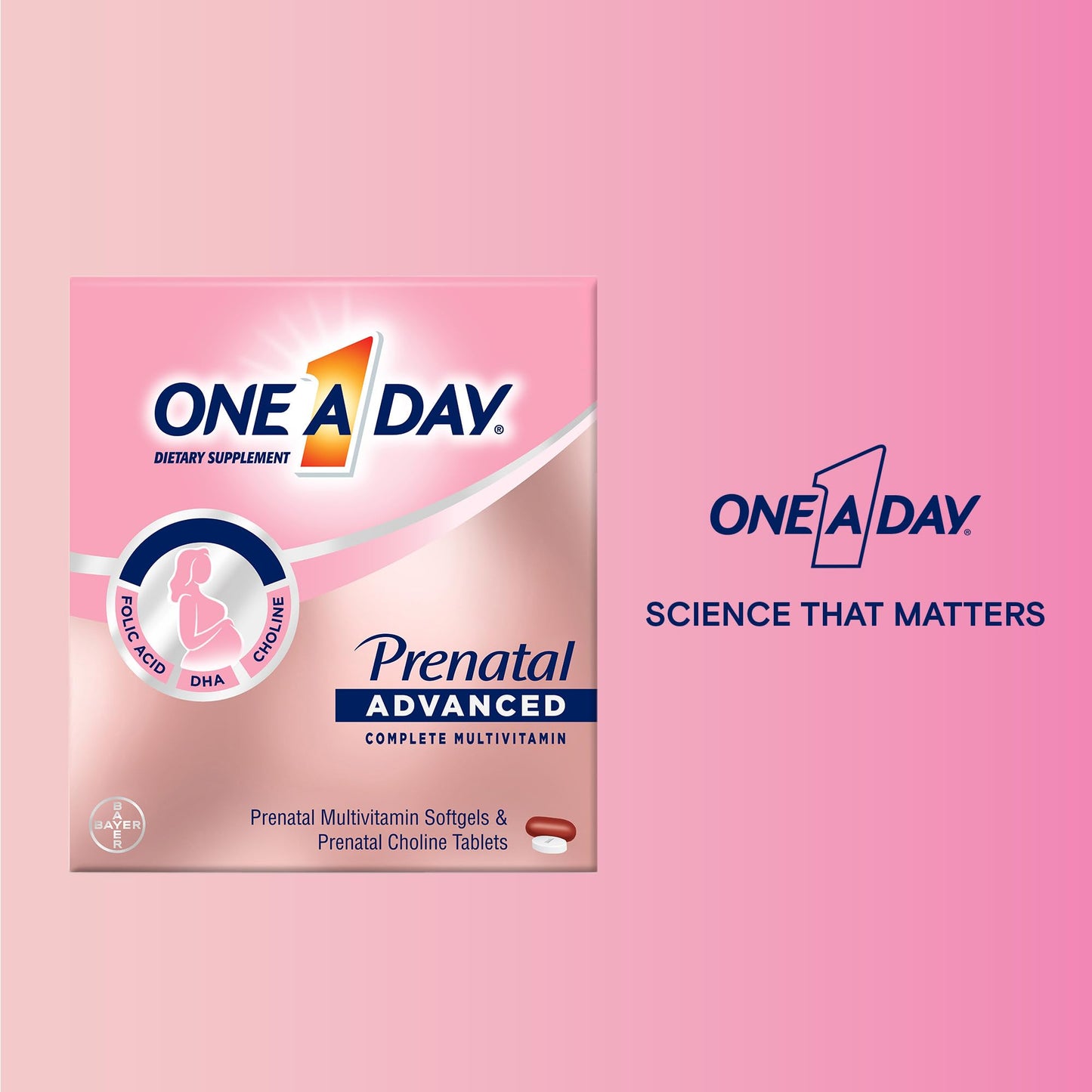 ONE A DAY Women’s Prenatal Advanced Complete Multivitamin with Brain Support* with Choline, Folic Acid, Omega-3 DHA & Iron for Pre, During & Post Pregnancy, 60+60 Ct (120 Total) (Packaging May Vary)