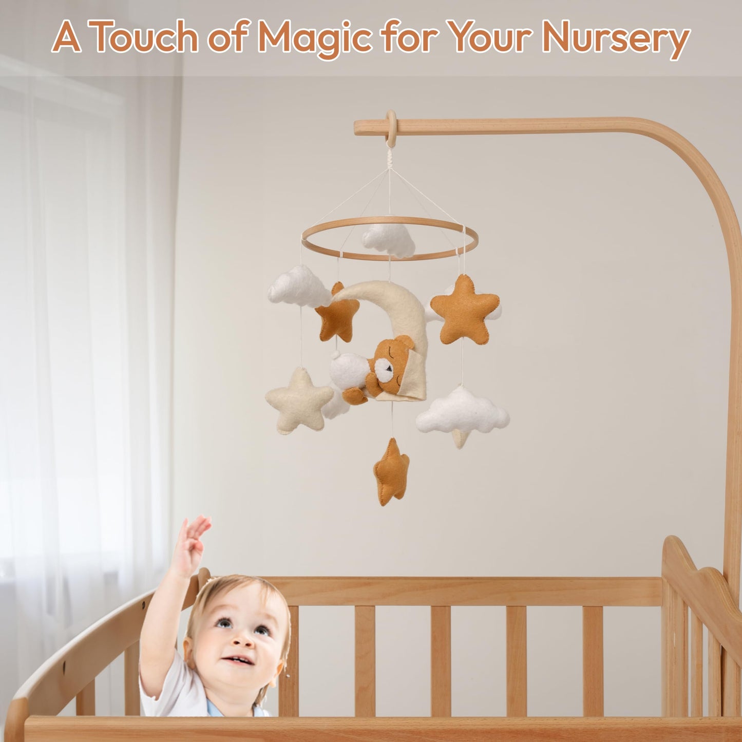 Crib Mobile for Girls, Sleeping Princess Bear Baby Mobile for Crib, Handmade Felt Crib Mobile, Baby Crib Mobile with Cloud and Stars, Nursery Baby Mobile for Bassinet (Cinnamon)