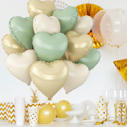 Sage Green Gold Heart Balloons,12Pcs Light Gold Heart Shaped Foil Balloons,18Inch Cream White Helium Mylar Balloon for Baby Shower Birthday Anniversary Wedding Party Decorations