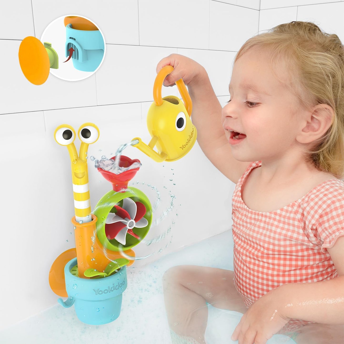 Yookidoo Watering Can Baby Bath Toy (Ages 1-3) Spinning Lady Bug & Tipping Bird Toy with 3 Moving Pieces (Mold Free) - Attaches to Tub Wall for Easy Toy Holder and Storage - for Toddler Bath Time