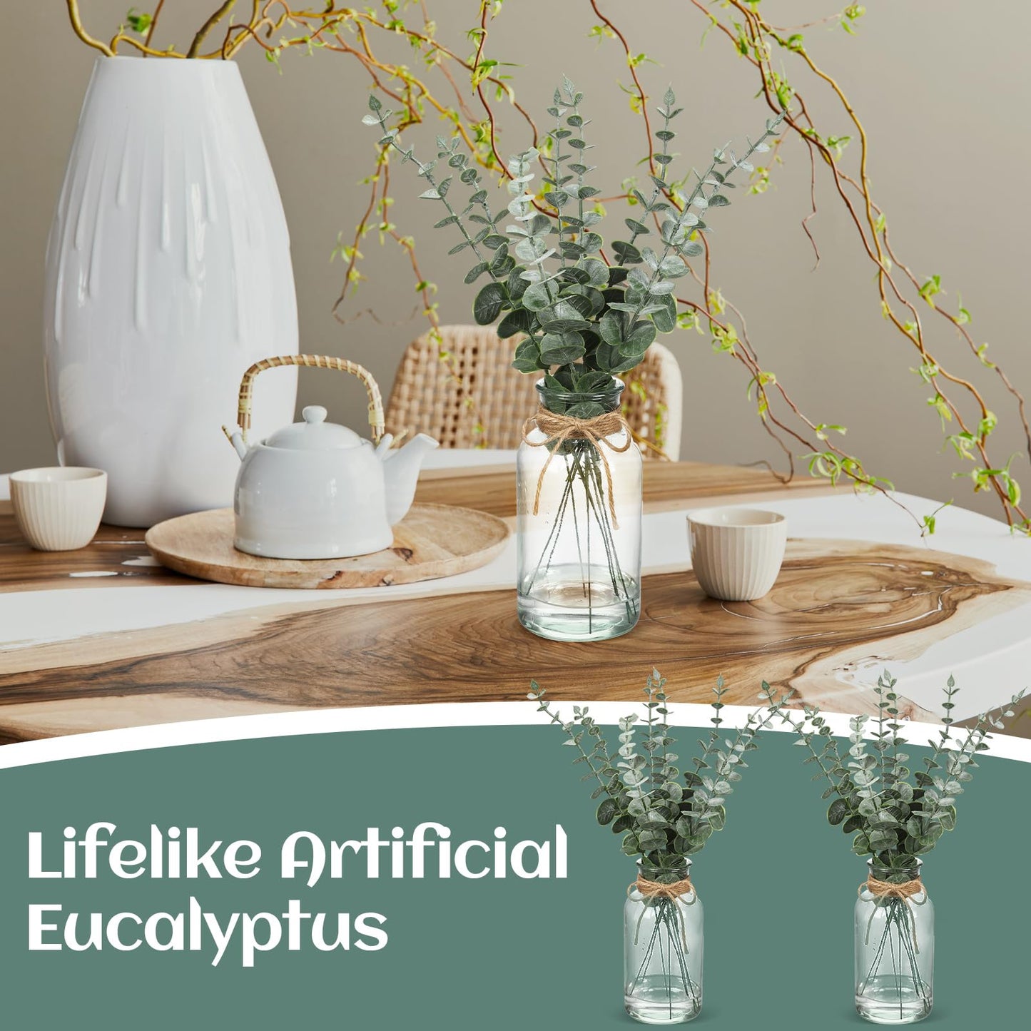 4 Pack Artificial Eucalyptus Stems in Glass Vase 15 Inch Fake Plants Eucalyptus Potted Fake Plant with Double-Sided Green Leaves for Desk,Farmhouse,Wedding,Home,Office Decor(Classical)
