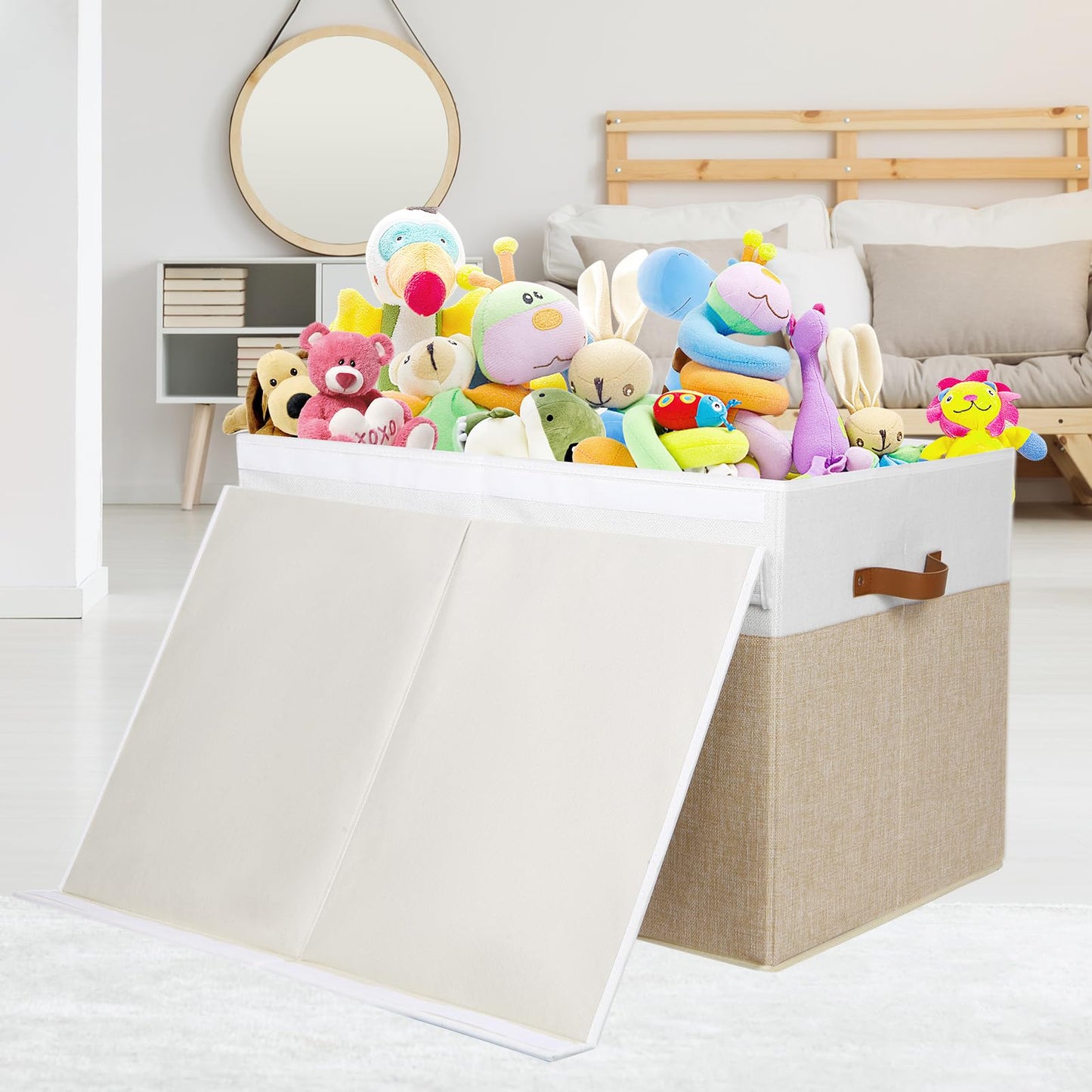 Large Toy Storage Box with Lid, Sturdy Toys Storage Chest Bin Organizer Basket with Dividers for Kids, Boys, Girls, Nursery, Closet, Bedroom, Playroom 25"x13" x16" (Beige and White)