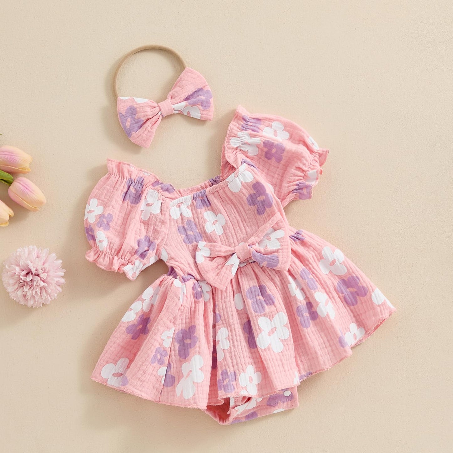 Baby Girls Daisy Romper Bowknot Bodysuit+Headband Short Sleeve Playsuits Floral Jumpsuit Infant Summer Clothes