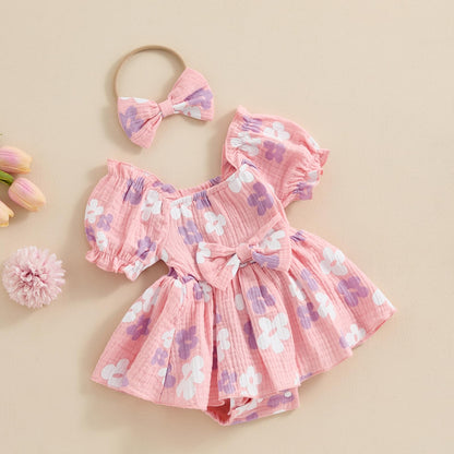 Baby Girls Daisy Romper Bowknot Bodysuit+Headband Short Sleeve Playsuits Floral Jumpsuit Infant Summer Clothes