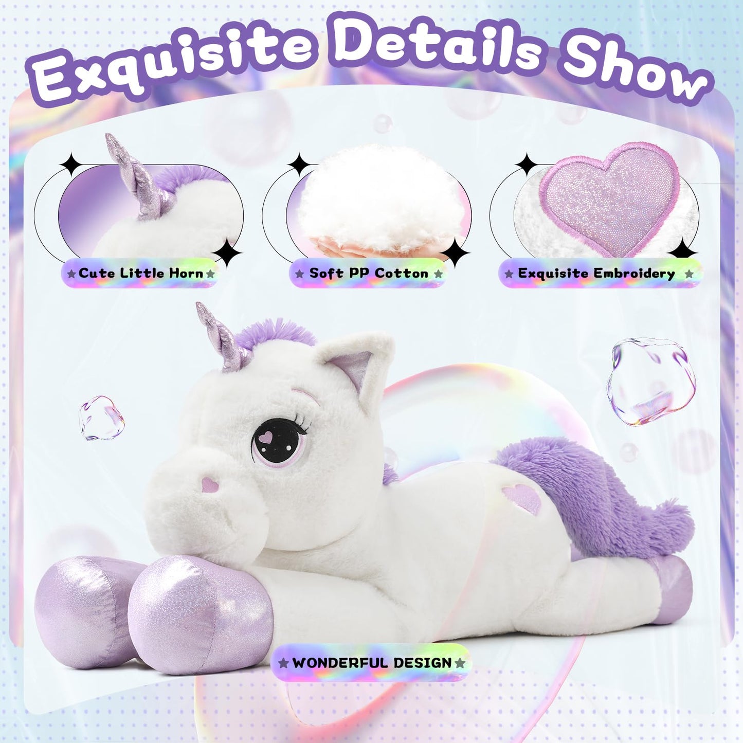 43" Giant Unicorn Stuffed Animal, Unicorn Plush Pillow Toys Big Plushy Fluffy, Gift for Girls Kids Boys Girlfriend, White & Purple