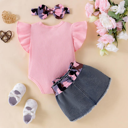 Baby Girl Clothes Newborn Romper Ruffle Sleeve Short Jeans Skirt with Headband Infant Outfits Set 0-18 Months