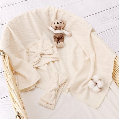DRESHOW BQUBO Baby Swaddle Blankets for Girls, 4PCS Newborn Accessories Set with Matching Hat and Bow Headband with Card