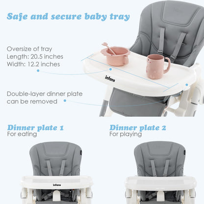 INFANS High Chair for Babies & Toddlers, Foldable Highchair with Multiple Adjustable Backrest, Footrest and Seat Height, Removable Tray, Detachable PU Leather Cushion, Built-in Rear Wheels (Black)