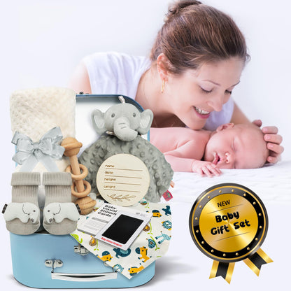 Baby Shower Gifts Set for Boys: Newborn Basket Kit 9 Pcs with Baby Blanket Rattle Bib and More - Unique and Personalized Baby Essentials for New Mom