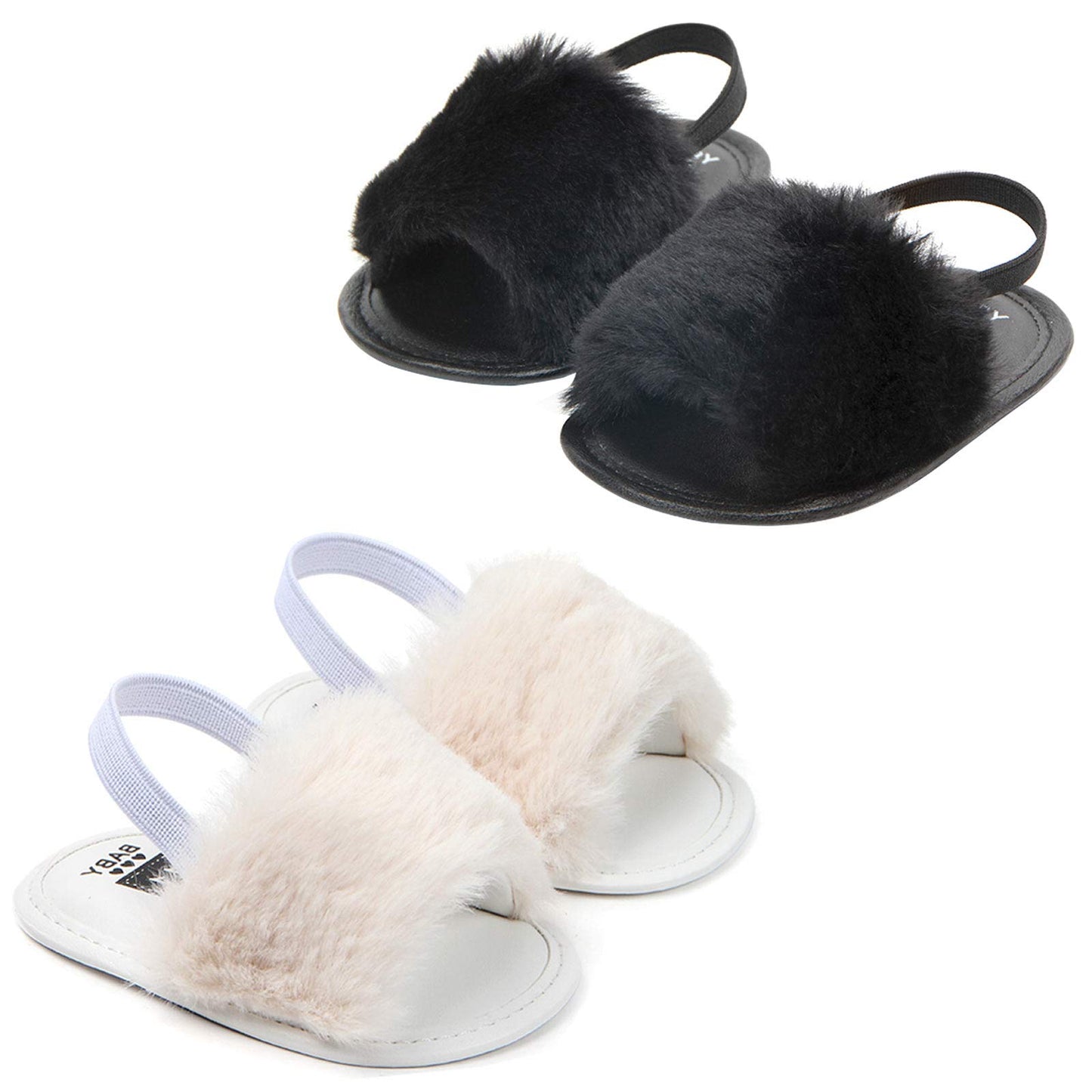 2 Pack Infant Baby Girls Sandals Elastic Back Strap Flats Slippers Soft Toddles Princess Shoes Faux Fur Slides Shoes First Walker House Shoes