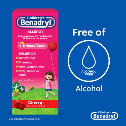 Benadryl Children's Dye-Free Allergy Relief Liquid + 12.5 mg Diphenhydramine HCl, Antihistamine Allergy Medicine for Kids Helps Relieve Runny Nose & Sneezing, Bubble Gum Flavor, 8 fl. oz