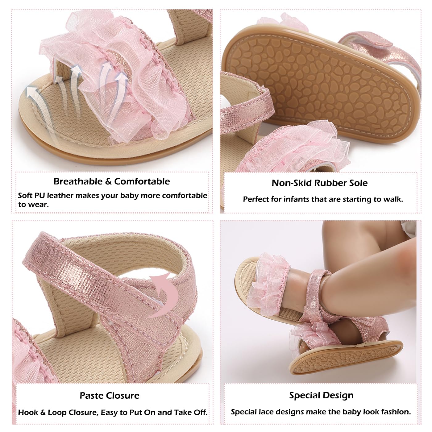 Timatego Infant Baby Girls Summer Sandals Anti-Slip Soft Sole with Flower Toddler First Walkers Crib Dress Shoes