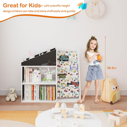 White Kids Bookshelf Wood Toy Storage Organizer Cabinet Children Bookcase Toddler Baby Sling Book Rack 3 Cube Bins Fabric Drawers for Playroom Bedroom Nursery School