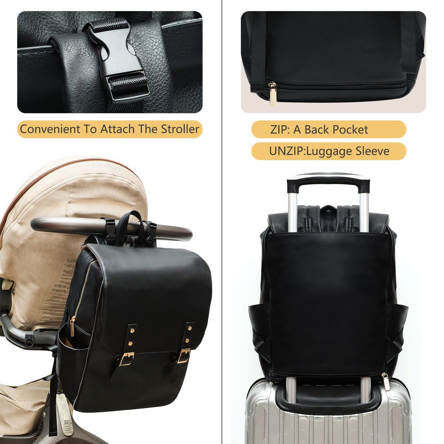 miss fong Diaper Bag Backpack Baby Diaper Bag for baby boy and girls, Leather Baby Bag with 13 diaper bag organizing pouches, Changing Pad, Stroller Straps and 4 Insulated Pockets(Black)