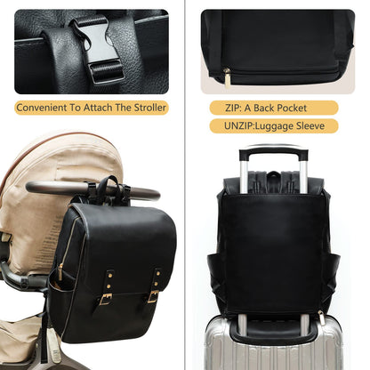 miss fong Diaper Bag Backpack Baby Diaper Bag for baby boy and girls, Leather Baby Bag with 13 diaper bag organizing pouches, Changing Pad, Stroller Straps and 4 Insulated Pockets(Black)
