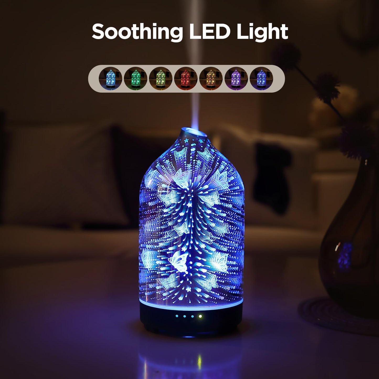 Essential Oil Diffuser Hand Blown Glass Aromatherapy Diffuser - Ultrasonic Cool Mist Scent Aroma Diffuser, Whisper Quiet with Auto Shut-Off, Timer Setting &7 Colors Night Light for Home