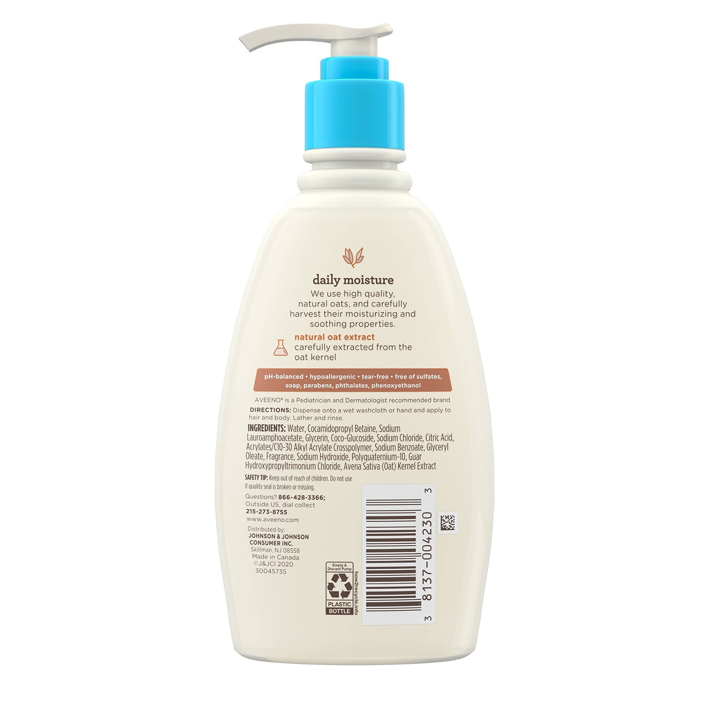 Aveeno Baby Daily Moisture Gentle Body Wash & Shampoo with Oat Extract, 2-in-1 Baby Bath Wash & Hair Shampoo, Tear- & Paraben-Free for Hair & Sensitive Skin, Lightly Scented, 18 fl. oz