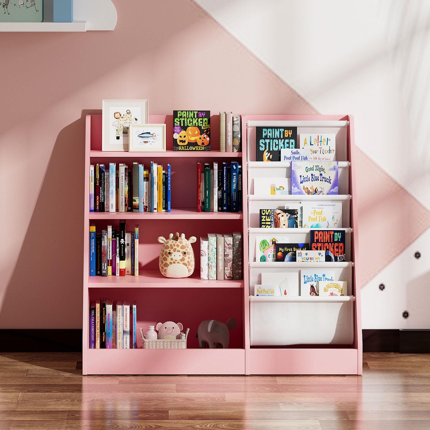 White Kids Bookshelf Wood Toy Storage Organizer Cabinet Children Bookcase Toddler Baby Sling Book Rack 3 Cube Bins Fabric Drawers for Playroom Bedroom Nursery School