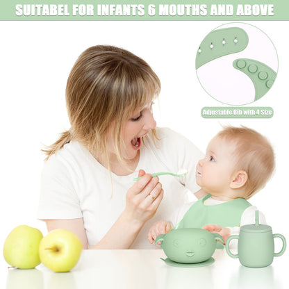 Silicone Baby Feeding Set 11 Piece, Baby Led Weaning Feeding Supplies, Strong Suction Bowl & Suction Plate, Adjustable Bibs, 4-in-1 Cup, Silicone Spoon & Fork, Food-grade Silicone (Green)
