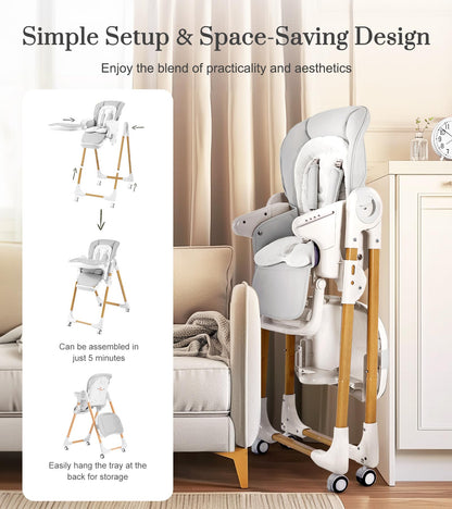 Convertible High Chairs for Babies and Toddlers, Height Adjustable Baby High Chair, High Chair with Removable Tray, Adjustable Backrest and Pedal, Portable Baby Dinning Chair with Lockable Wheels