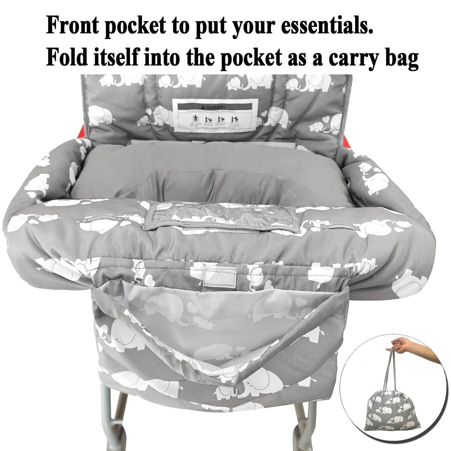 Soft Pillow Attached 2-in-1 Shopping Cart and High Chair Cover for Baby, Cotton Padded Cart Cover, Fold'n Roll Style, Portable with Carry Bag (Blue Elephant)