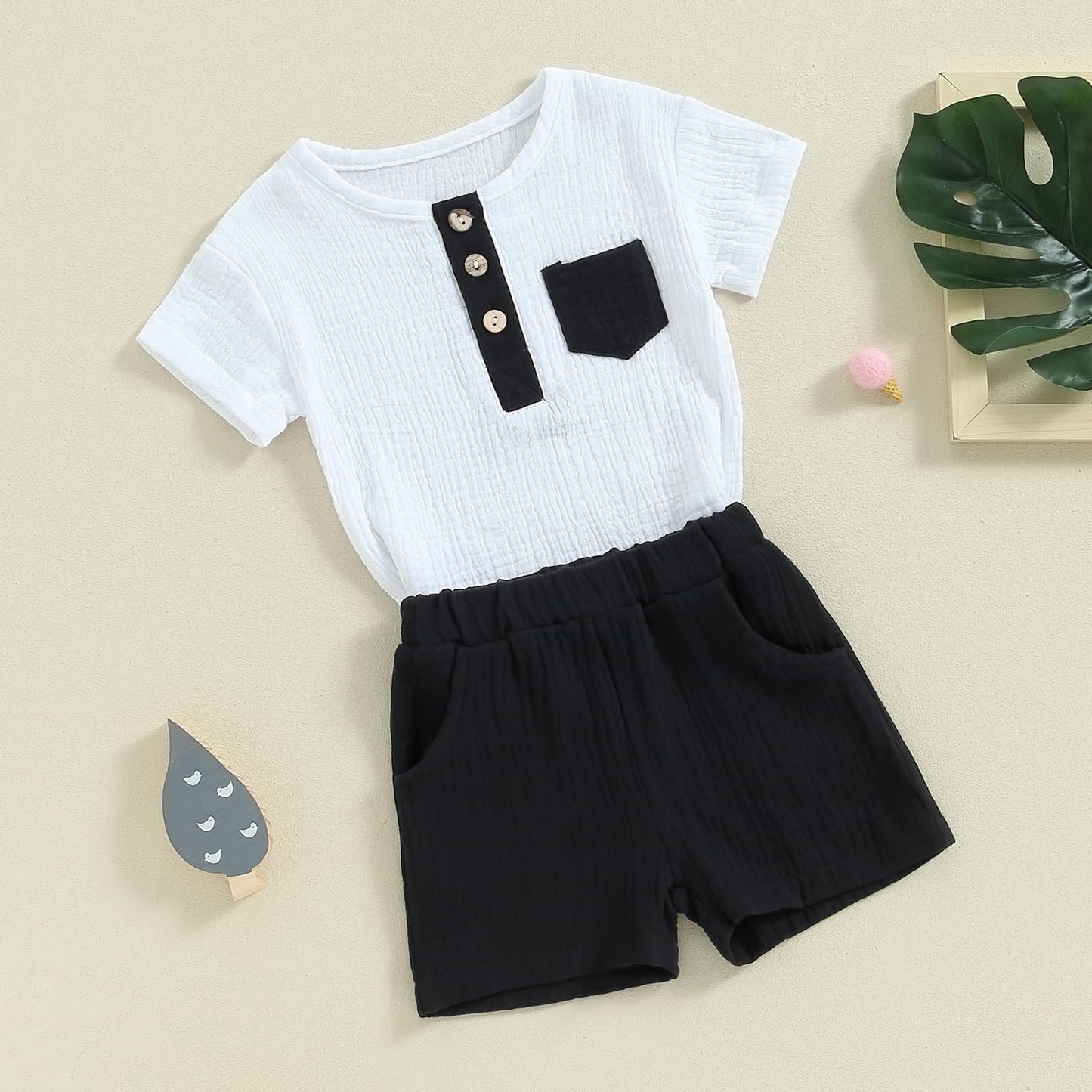 fhutpw Baby Boy Summer Outfits Henley Shirt Soft Pocket Short Sleeve Tops & Shorts Sets Infant 3 6 12 18 Months 2T Clothes