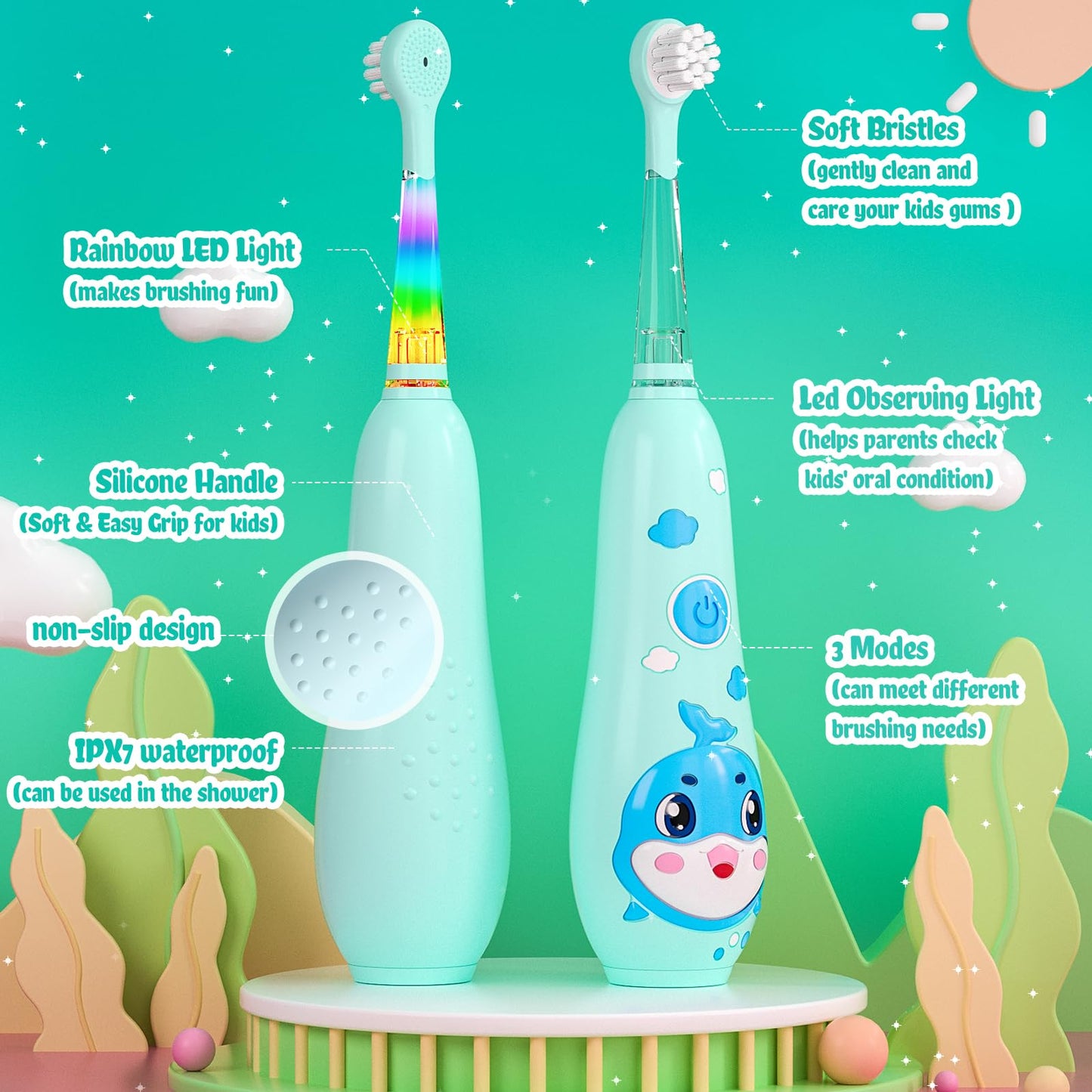 SEAGO Kids Electric Toothbrushes Rechargeable, Toddler Electric Toothbrush with Magnetic Charging, LED Observing Light, 8 Toothbrush Heads for Ages 2-4-6 Boys Girls (Pink)