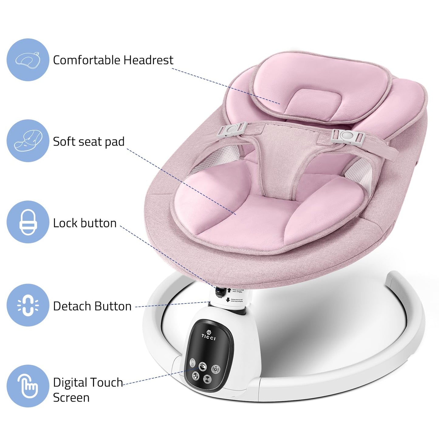 T TICCI Baby Swings for Infants, Smart Portable Baby Swing for Newborn, Bluetooth Infant Swing with Music Speaker, Remote Control Indoor Rocker with 5 Sway Speeds, 0-6 Months, Pink