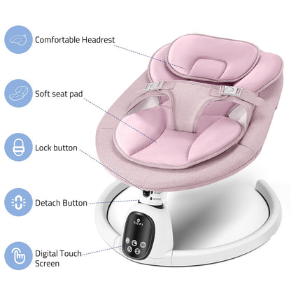 T TICCI Baby Swings for Infants, Smart Portable Baby Swing for Newborn, Bluetooth Infant Swing with Music Speaker, Remote Control Indoor Rocker with 5 Sway Speeds, 0-6 Months, Pink