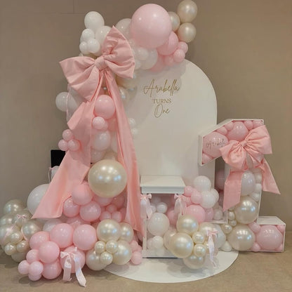 Pink Bow Balloons Arch Kit 147Pcs Coquette Birthday Decorations Pink and White balloon with Double-Stuffed Peal White Sand Long BOBO Balloon for Girls Baby Shower Coquette Birthday Party Decorations