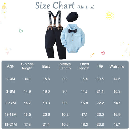ZOEREA Baby Boy Suit 0-24M Gentleman Outfit Clothes Set Infant Long Sleeve Dress Shirt+Suspender Pants+Bowtie+Beret Hat