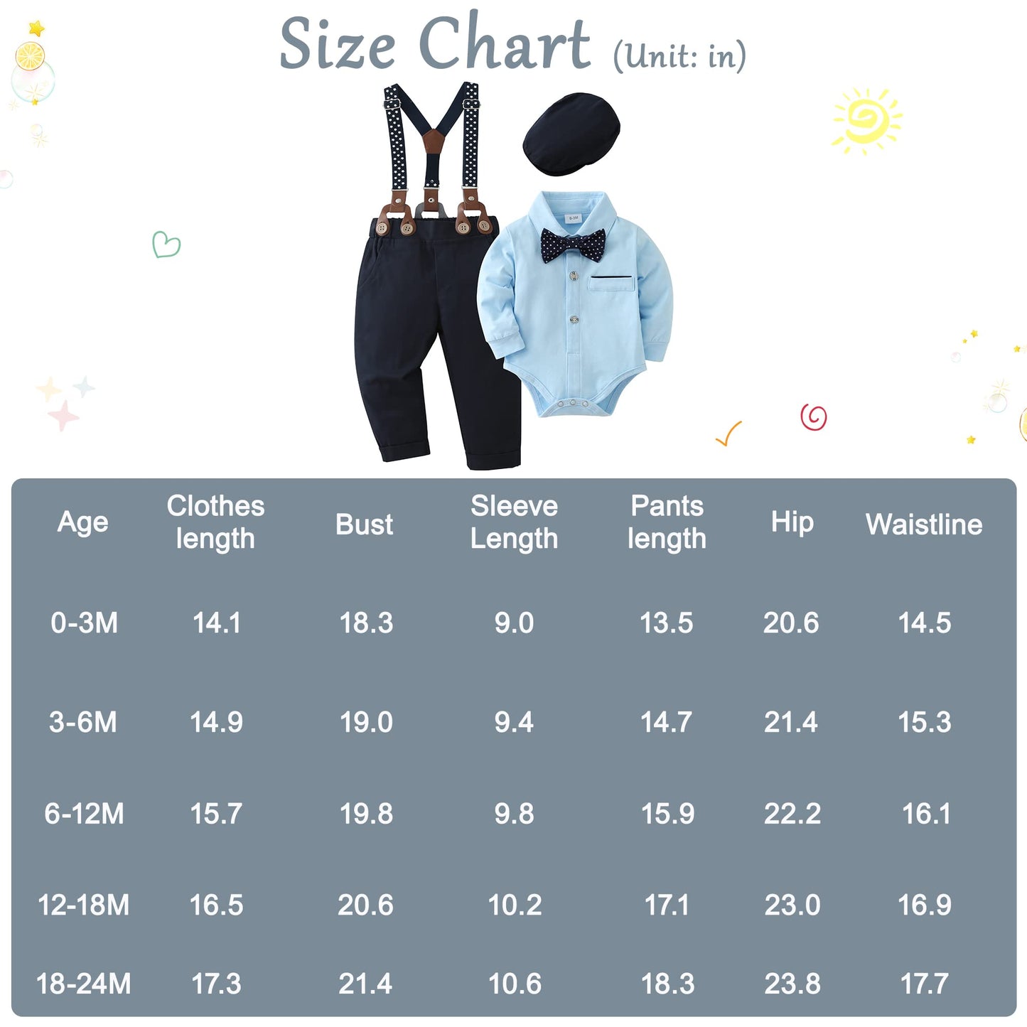 ZOEREA Baby Boy Suit 0-24M Gentleman Outfit Clothes Set Infant Long Sleeve Dress Shirt+Suspender Pants+Bowtie+Beret Hat