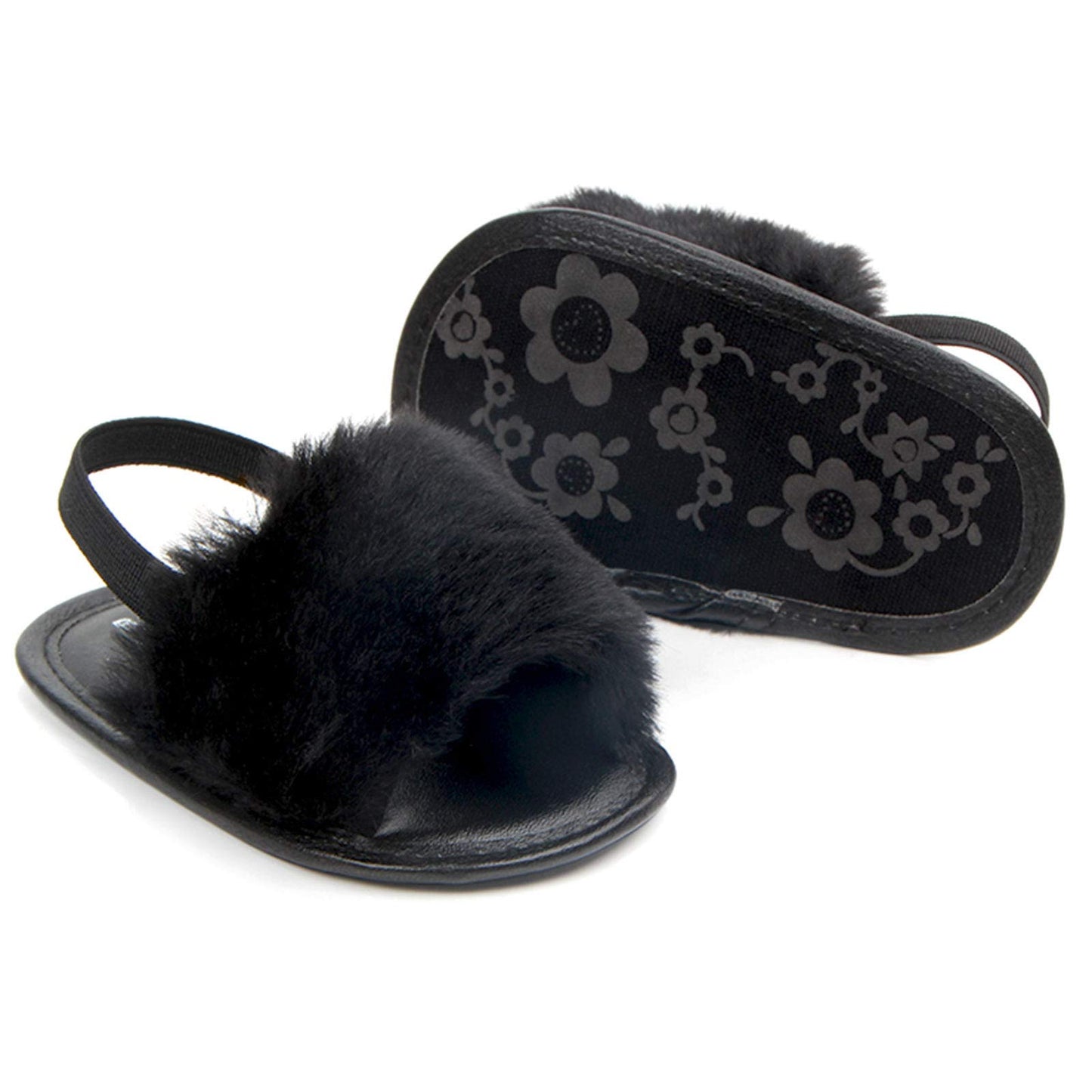 2 Pack Infant Baby Girls Sandals Elastic Back Strap Flats Slippers Soft Toddles Princess Shoes Faux Fur Slides Shoes First Walker House Shoes