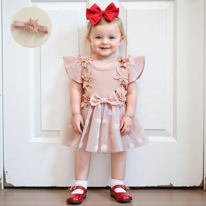 Hnyenmcko Newborn Baby Girl Summer Romper Dress Infant Fly Sleeve Flower Embroidery Mesh Tulle Skirt Hem Ribbed Bodysuit