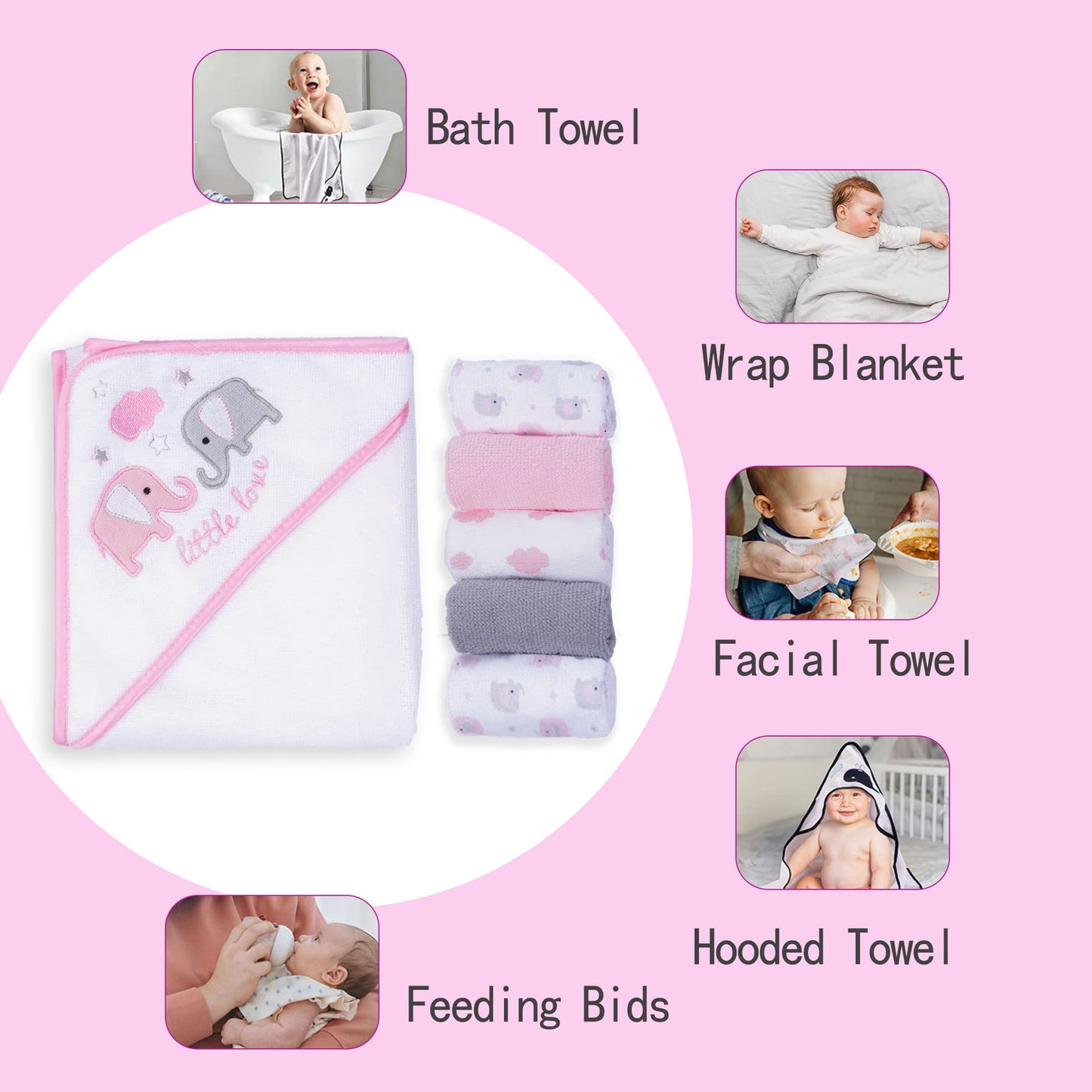 Viviland Baby Towels and Baby Wash Cloths Set Hooded Baby Towels Baby Wipes Absorbent Bath Face Towels Burp Cloths or Face Towels for Girl Boy 6-Pack Size 28 x 28 Inch(Elephant Flower)