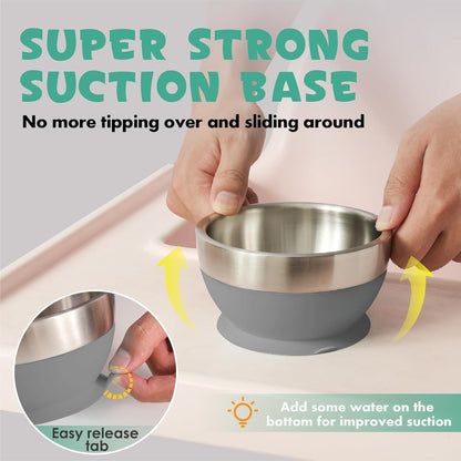 MR. CHOU Baby Bowls with Non-Slip Silicone Suction Cup, Insulated Double-Layer 304 Stainless Steel Toddler Bowls with BPA Free Airtight Lids, Food-Grade Silicone Safe for Kids (Blue)