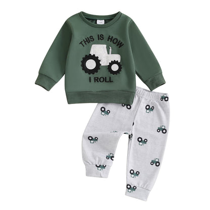 Toddler Baby Boy Fall Winter Outfits Tractor Print Long Sleeve Sweatshirt Pants Set Kids Sweatsuit Clothes