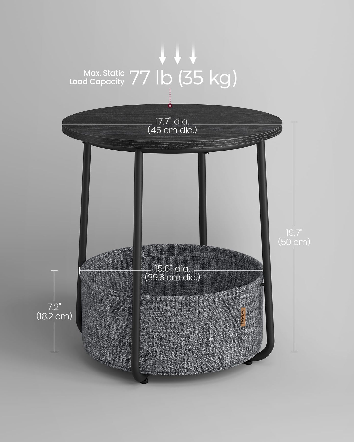 VASAGLE End Table, Small Bedside Table with Fabric Basket, Modern Nightstand, Round Side Table, for Living Room, Bedroom, Matte White and Camel Brown ULET223W10