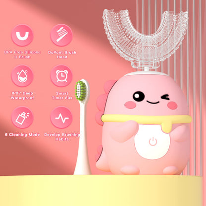 Kids Electric Toothbrush U Shaped Toddler Auto Sonic Toothbrushes with 5 Brush Head,Cartoon Dinosaur Ultrasonic Toothbrushes for Children 2-12 Years,360° Full Mouth Cleaning Automatic