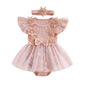 Hnyenmcko Newborn Baby Girl Summer Romper Dress Infant Fly Sleeve Flower Embroidery Mesh Tulle Skirt Hem Ribbed Bodysuit