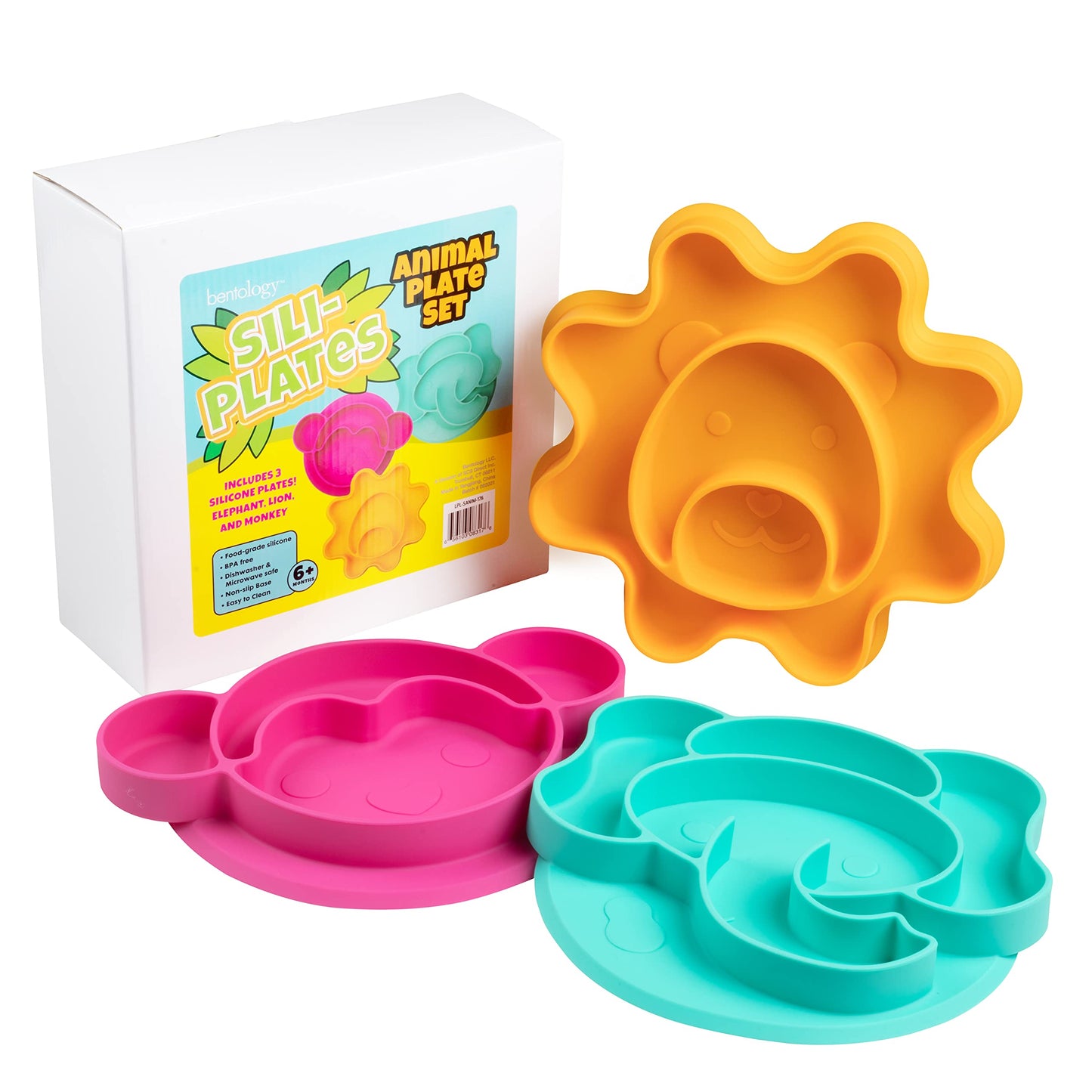 Animal Silicone Compartment Plates- 3 PK Lion, Monkey, Elephant- Large Divided Sections for Easy Grabbing Baby Food Training, Non-Slip Unbreakable Material, Flexible Shapes for Toddlers, Kids-BPA Free