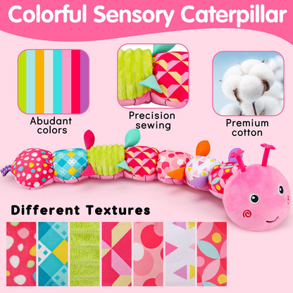 Baby Sensory Toy 0-6 Month Music Animal Stuffed Plush Caterpillar Toy for Infant 0-3-6 Month Tummy Time with Baby Mirror Crinkle Rattle for 6-12 Month Carseat Toy for Newborn Boys Girls Shower Gifts