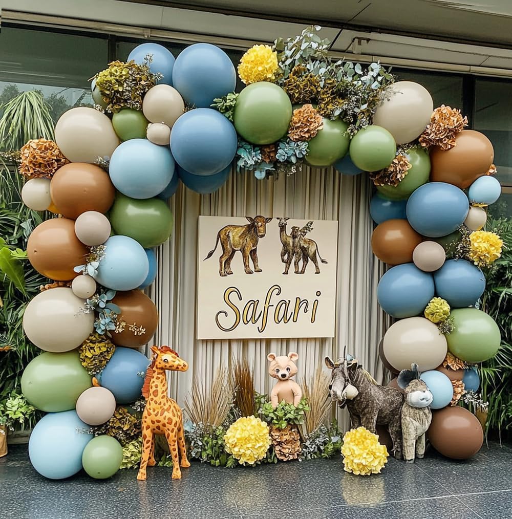 Blue Green Brown Balloon Garland Double Stuffed Dusty Blue Sage Green Balloons Olive White Sand Latex Balloon Arch Kit for Bear Baby Shower Birthday Woodland Wild One Party Decorations
