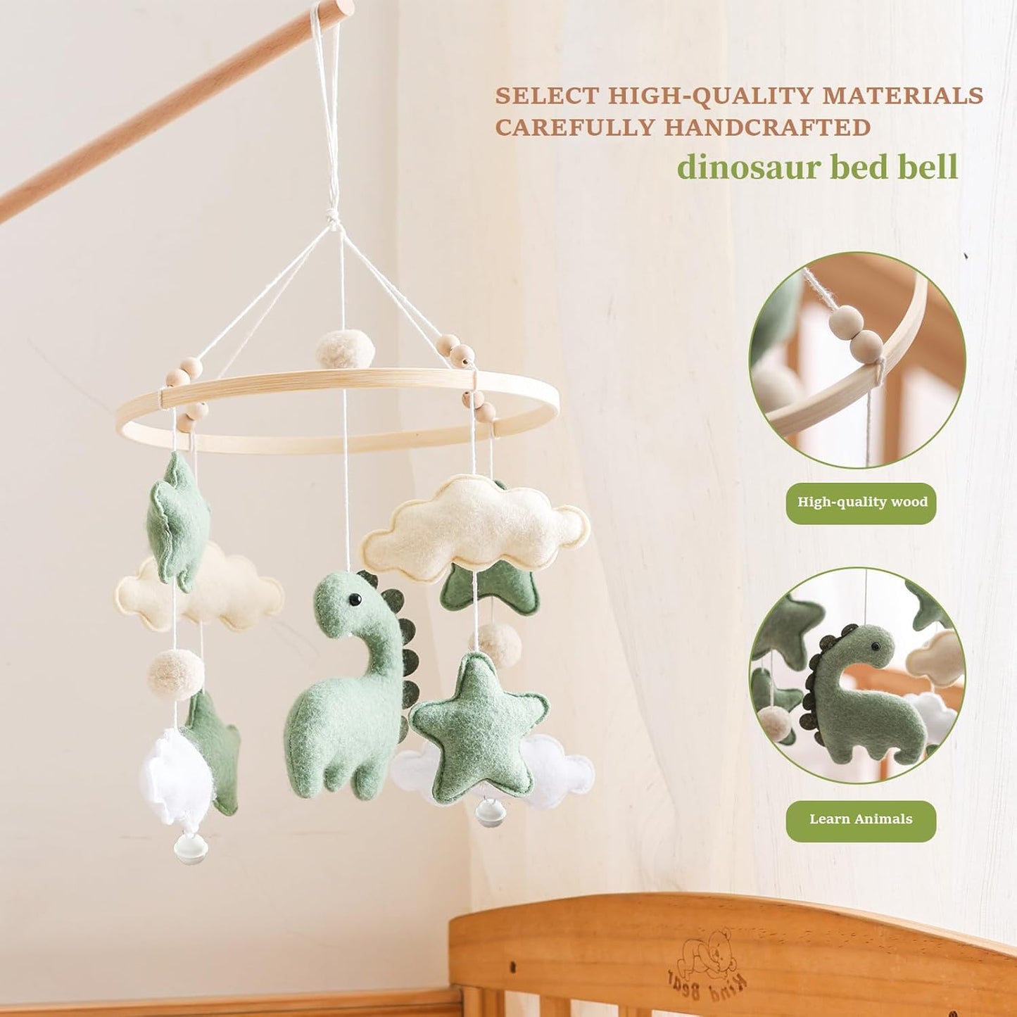 Soft Green Dinosaur Theme Baby Mobile for Crib, Simple Crib Bell for Boys and Girls,Handmade Felt Clouds Nursery Ceiling Decoration,Easy to Install Cotton Animal Charms for Bassinet