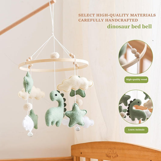 Soft Green Dinosaur Theme Baby Mobile for Crib, Simple Crib Bell for Boys and Girls,Handmade Felt Clouds Nursery Ceiling Decoration,Easy to Install Cotton Animal Charms for Bassinet